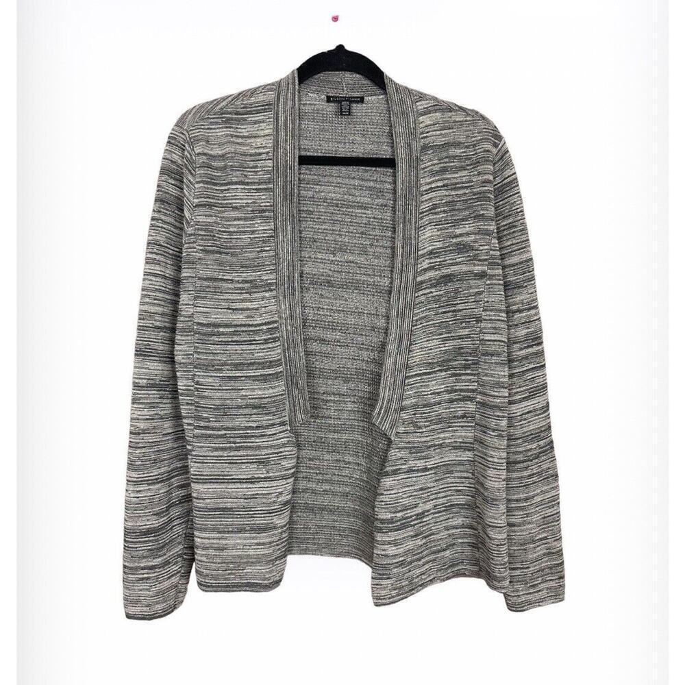 Eileen Fisher Cardigan Womens Gray Stripe Open Front Tencel Cotton Size Medium M